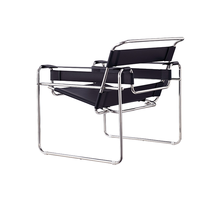 Mid Century Modern Furniture Stainless Steel Frame Black Saddle Leather Lounge B-202C